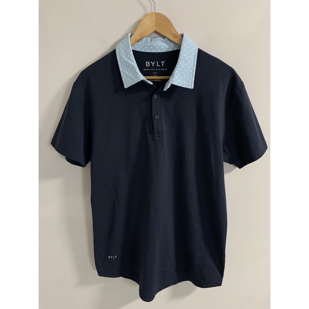 Bylt Polo Shirt Drop Cut Lux Mens M Navy Light Blue Polka Dot Collar Golf EUC